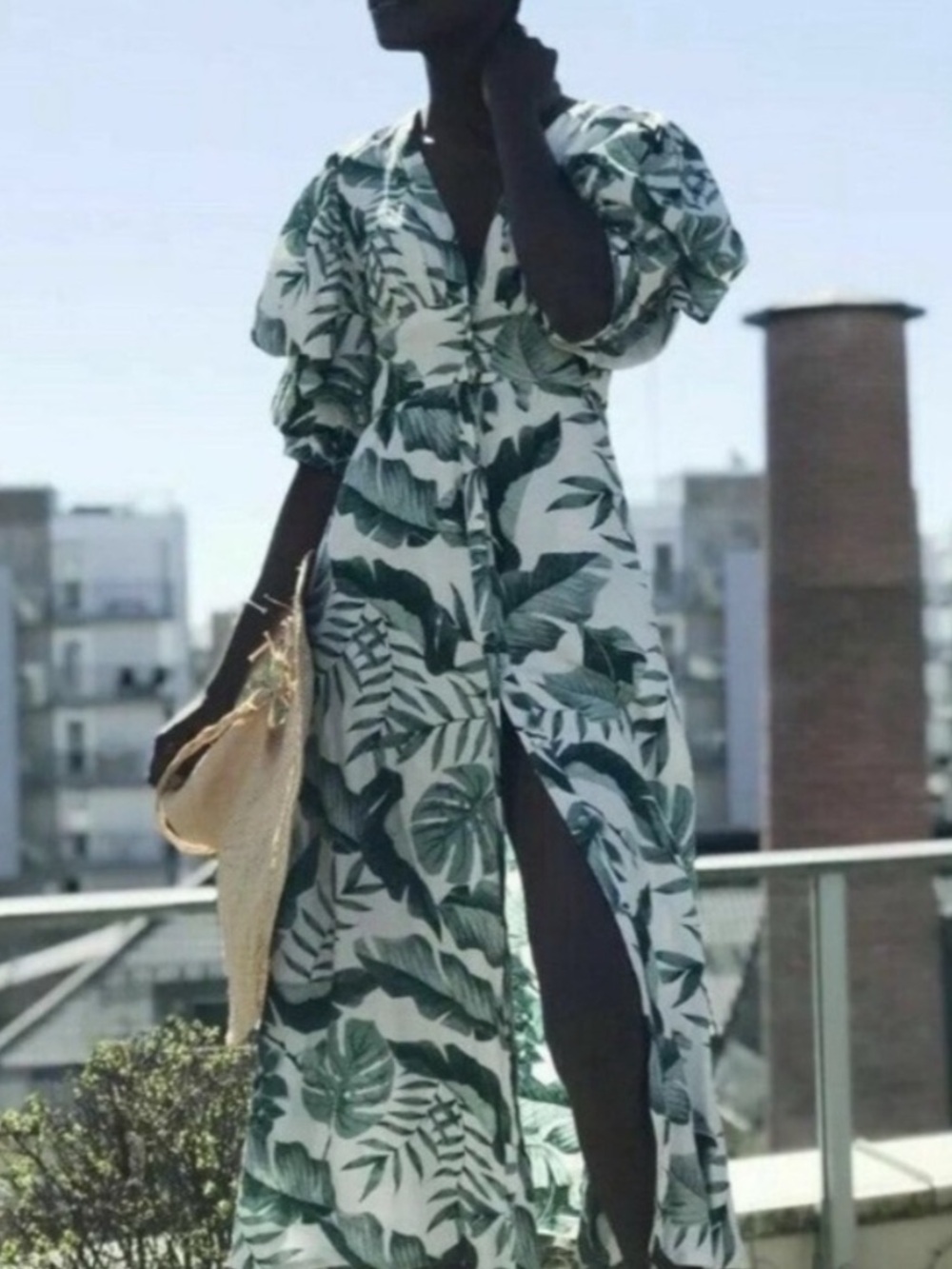 JOHANNA ORTIZ H&M Green White Linen Tropical Print Midi Dress